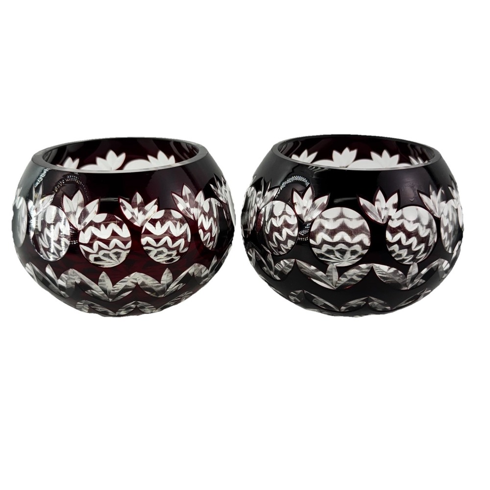 VTG Czech BOHEMIAN Garnet Red Cut To Clear Crystal Glass Candle Holder Set Of 2